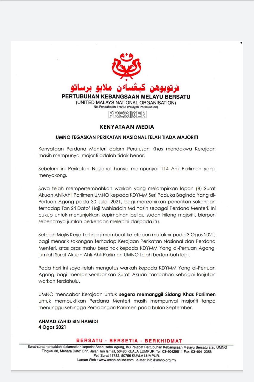 Kenyataan Media UMNO - 4 Ogos